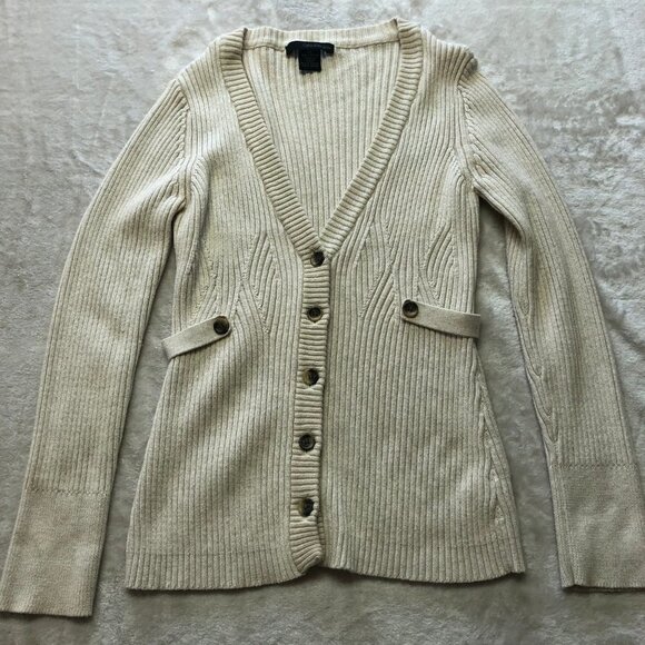 CALVIN Klein Oatmeal V Neck Button Down Ribbed Knitted Cardigan Size Large - Picture 3 of 11